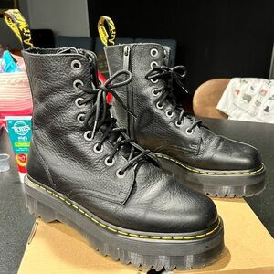 Dr. Martens Soft Black Leather Combat Boots with Yellow Stitching